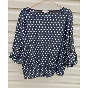 Michael Kors Womens Blouse Size XL Polka Dot Black White Roll Tab Sleeve